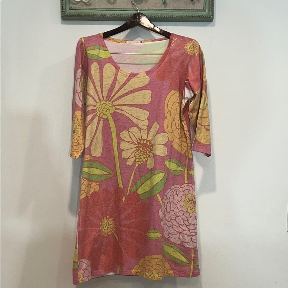 Before & Again Floral 3/4 Sleeve Dress Pink and Yellow floral